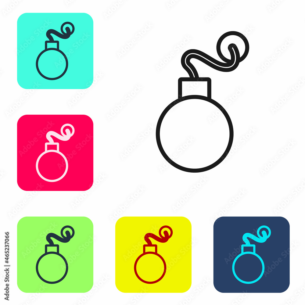 Poster black line bomb ready to explode icon isolated on white background. set icons in color square button