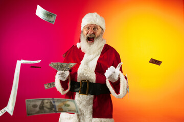 Portrait of emotional Santa Claus wishes wealth and prosperity to every family in New Year 2022....