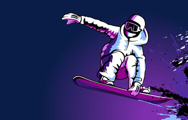Snowboarder in action vector illustration. Extreme winter sports. Snowboarding emblem. Sport club logo. Snowboarding equipment.