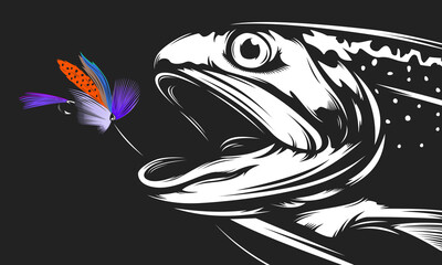 Rainbow trout jumping out water.Salmon isolated on white background. Concept art for horoscope, tattoo or colouring book.