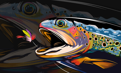 Obraz na płótnie Canvas Rainbow trout jumping out water.Salmon isolated on white background. Concept art for horoscope, tattoo or colouring book.