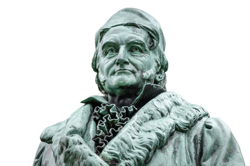 Historic statue of Carl Friedrich Gauss at his birthplace in Braunschweig, Lower Saxony, Germany. Portrait of famous mathematician and physicist (1777-1855), isolated on white background. - obrazy, fototapety, plakaty
