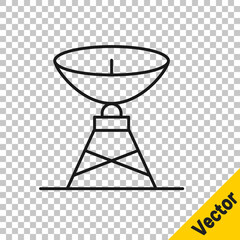 Black line Satellite dish icon isolated on transparent background. Radio antenna, astronomy and space research. Vector