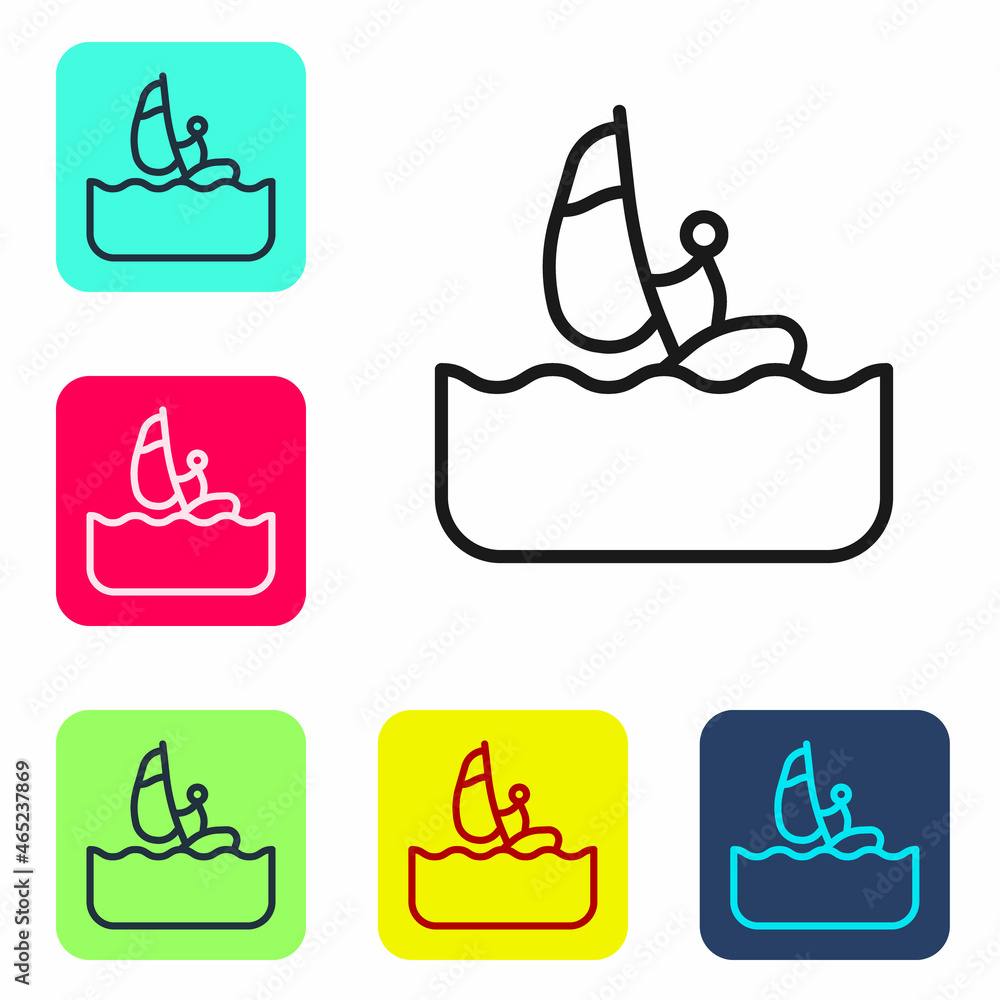 Poster black line windsurfing icon isolated on white background. set icons in color square buttons. vector