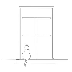 The cat sits on the windowsill and looks out the window. The kitten and the window are one line. Logo for pet stores and animal websites.