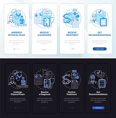 Fototapeta na wymiar Physiotherapy process onboarding mobile app page screen. Physical therapy walkthrough 4 steps graphic instructions with concepts. UI, UX, GUI vector template with night and day mode illustrations