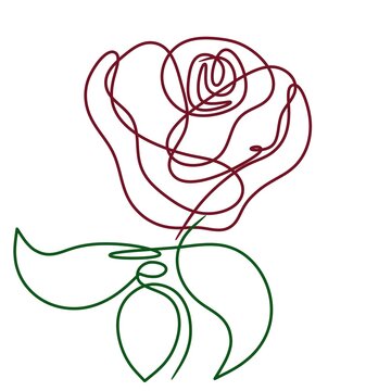 Flower one line artistic logo. Minimalistic contour drawing of a monoline. Making a continuous line for a banner, book design, web illustration. A red rose icon with green leaves.