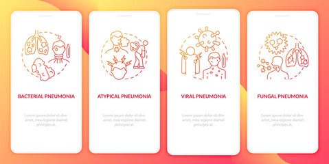 Pneumonia categorization onboarding mobile app page screen. Atypical infection walkthrough 4 steps graphic instructions with concepts. UI, UX, GUI vector template with linear color illustrations