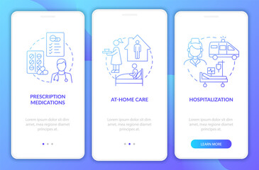 Managing pneumonia onboarding mobile app page screen. Drugs and hospitalization walkthrough 3 steps graphic instructions with concepts. UI, UX, GUI vector template with linear color illustrations