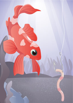 Red fish on the background of the seabed with a worm in cartoon style