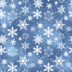 Snowflakes watercolor pattern, Random falling snow, Seamless winter texture, Dark Blue gradient hand drawn background, tilable Christmas illustration, design for wrapping paper, textile