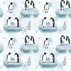 Watercolor penguin family pattern, Black penguins on iceberg seamless texture, Arctic wild animals, baby penguin, winter tilable design for wrapping paper, textile, fabric, wallpaper, background