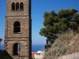 Roman tower with the Mediterranean sea in background in Ascea Marina, Cilento region, South Italy