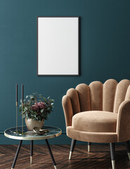 Frame mockup in home interior, luxury modern dark living room , 3d render