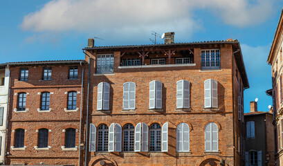 Typical facades of the historic center of the city of Albi, in the Tarn, in Occitanie, France