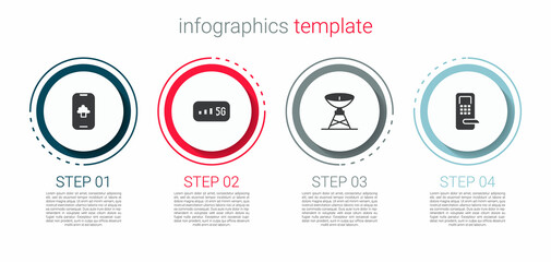 Set Cloud technology data, 5G wireless internet, Satellite dish and Digital door lock. Business infographic template. Vector