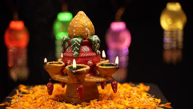Traditional oil lamps with flower decoration for indian festival diwali.