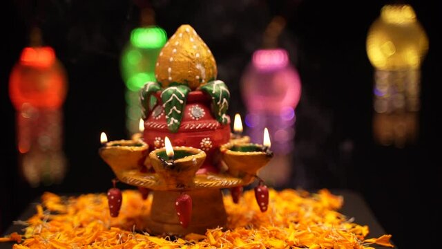 Traditional oil lamps with flower decoration for indian festival diwali.