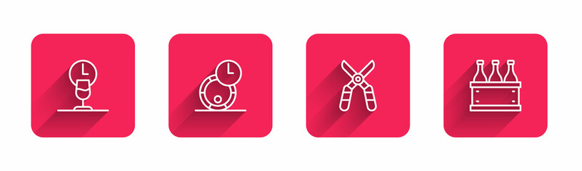 Set line Wine time, Wooden barrel for wine, Gardening scissors and Bottles of box with long shadow. Red square button. Vector