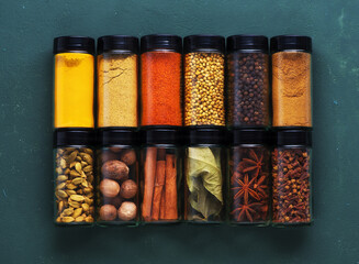 spice background, top view. seasoning and spicy in glass jars.