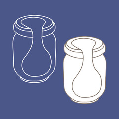 Jar with lid and sticker. Vector illustration of package for liquid. Line design icon.