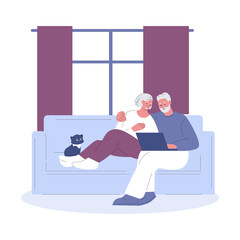 Elderly couple with laptop on couch. Vector illustration in flat style.