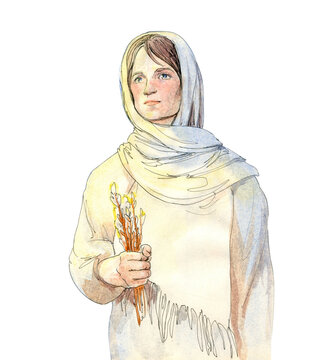 Easter. A woman in a white blanket with pussy willow branches in her hand. Watercolor. The image on a white background for design, cards, illustrations in magazines and books.