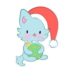 Obraz na płótnie Canvas Christmas kawaii Cat with toy. Season greetings. Vector sticker for messenger