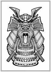 Samurai monkey with wide open mouth and big fangs close-up, portrait of a formidable military gorilla with katanas in armor, isolated silhouette of a screaming japanese warrior in a helmet with horns.