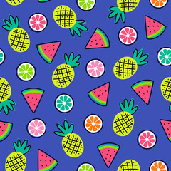 Cute colorful hand drawn tropical fruits seamless pattern background.