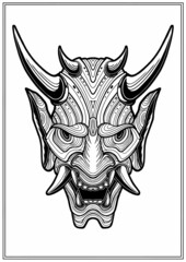 Mask of a grinning demon with big fangs and horns, a close-up graphic portrait of the devil with large ears and an open mouth, a scary face with a wide nose and a grin without a background, line art.