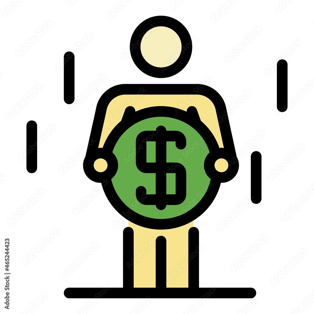 Poster man with a huge coin icon. outline man with a huge coin vector icon color flat isolated
