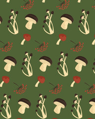 autumn doodle pattern with mushrooms with a green background