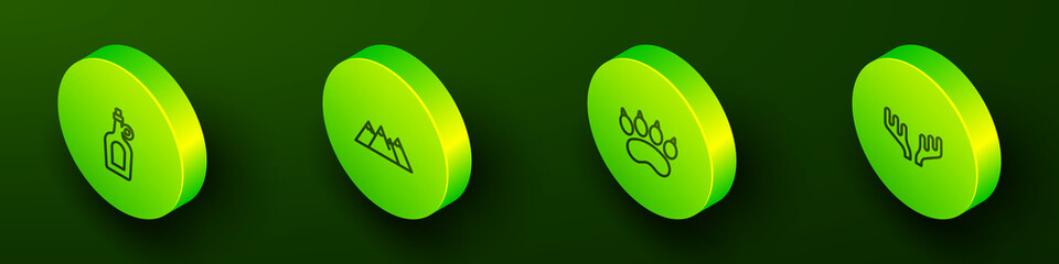 Set Isometric line Bottle of maple syrup, Mountains, Bear paw footprint and Deer antlers icon. Vector