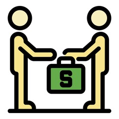 Man passes a case with money icon. Outline man passes a case with money vector icon color flat isolated