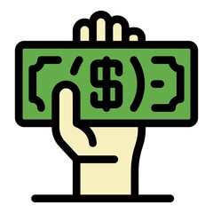 Dollar in hand icon. Outline dollar in hand vector icon color flat isolated