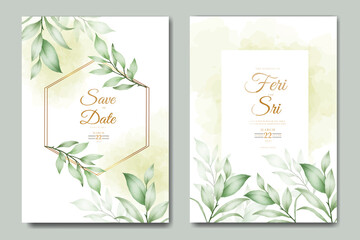 wedding invitation card with floral leaves watercolor set