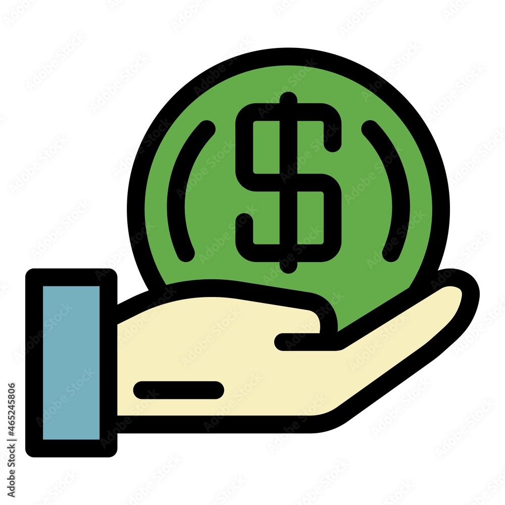 Poster coin in the palm icon. outline coin in the palm vector icon color flat isolated