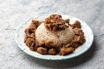 Turkish Meat Et Kavurma with rice - pilav (Turkish name; kurban kavurma, pilav ustu kavurma)