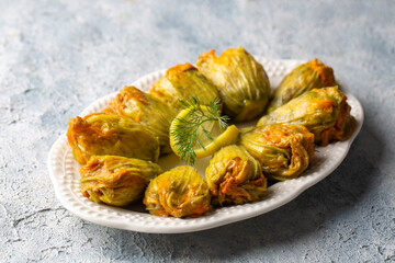 Traditional delicious Turkish - Greek cuisine, Turkish food; Stuffed zucchini flowers (Turkish name; kabak cicegi dolmasi)