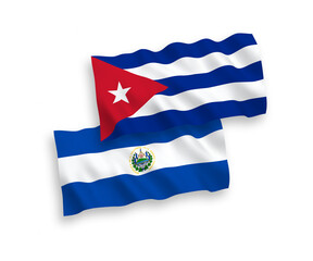 National vector fabric wave flags of Republic of El Salvador and Cuba isolated on white background. 1 to 2 proportion.