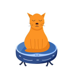 The cat is sitting on a robot vacuum cleaner. Vector illustration of a flat cartoon style.