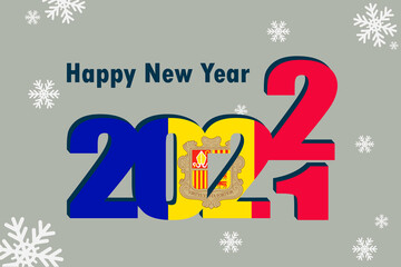 New year's card 2022. An element of the flag of Andorra is depicted, a festive inscription and snowflakes. It can be used as a promotional poster, postcard, website, or national greeting.