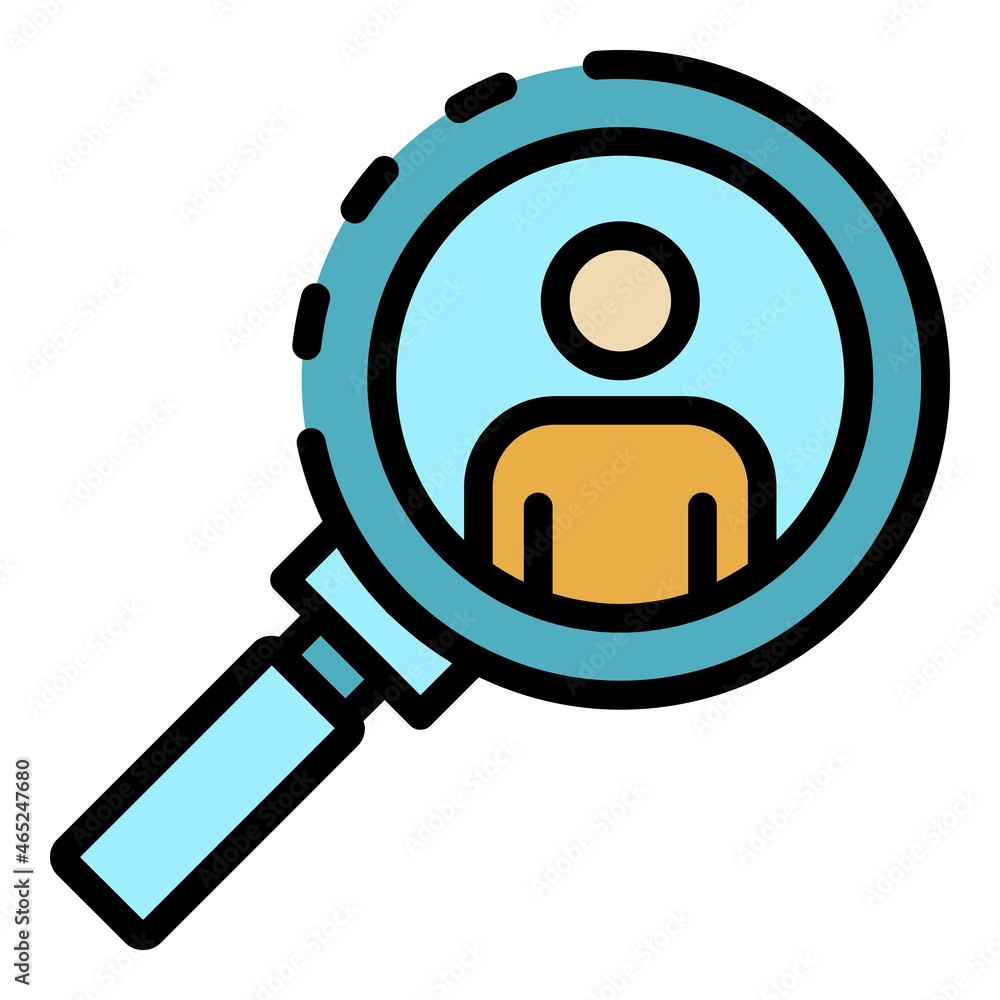 Poster man under magnifier icon. outline man under magnifier vector icon color flat isolated