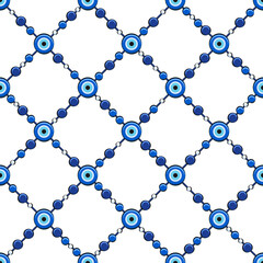 Seamless pattern with fatima eye and beads. Colored vector background.