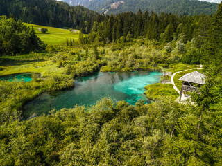 Zelenci Springs in Slovenia Nature Reserve. Turquoise Water in Alpine Pond