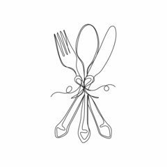Vector continuous one single line drawing icon of fork and spoon knife in silhouette on a white background. Linear stylized.