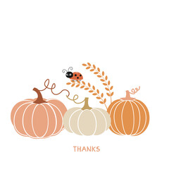 Thank giving card with pumpkins, wheat plant, lady bug and hand written font isolated on white background vector illustration.