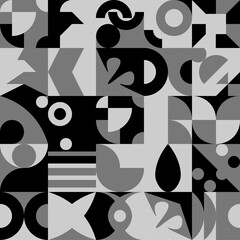 Black and white abstract flat geometric retro style seamless pattern.  Bauhaus abstract style in different gray colors background.