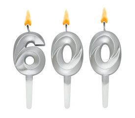 Burning silver birthday candles isolated on white background, number 600